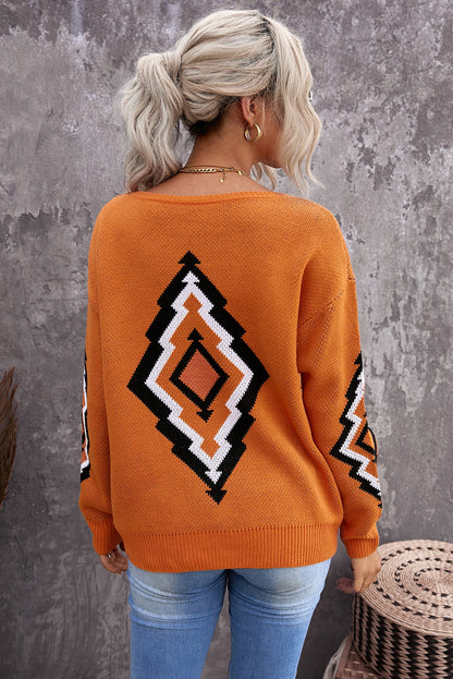 Geometric Print Long Sleeve Knitted Sweater