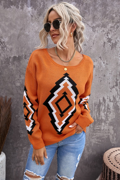 Geometric Print Long Sleeve Knitted Sweater