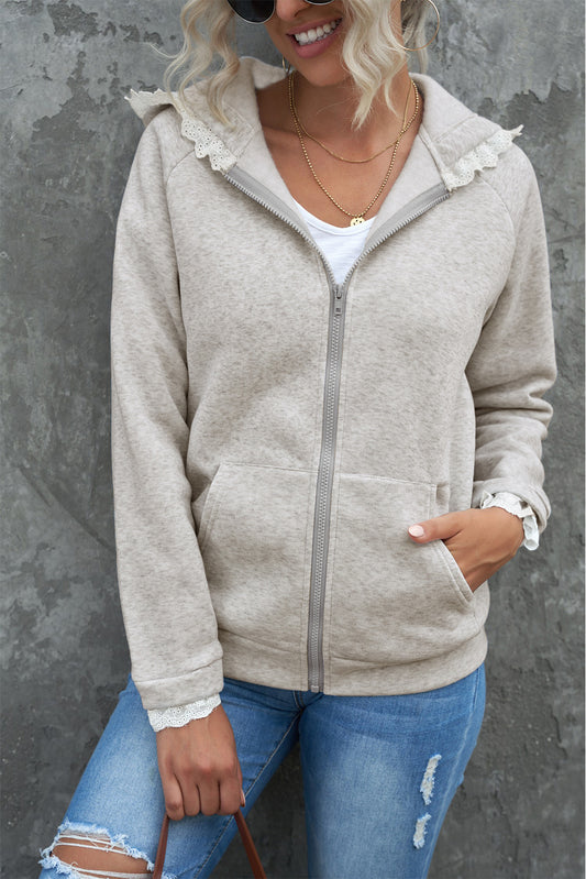 Zip-up Lace Trim Hooded Sweatshirt