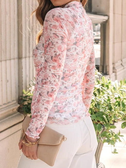 Lovelet Mock Neck Mesh Long Sleeve Top Multiple Colors