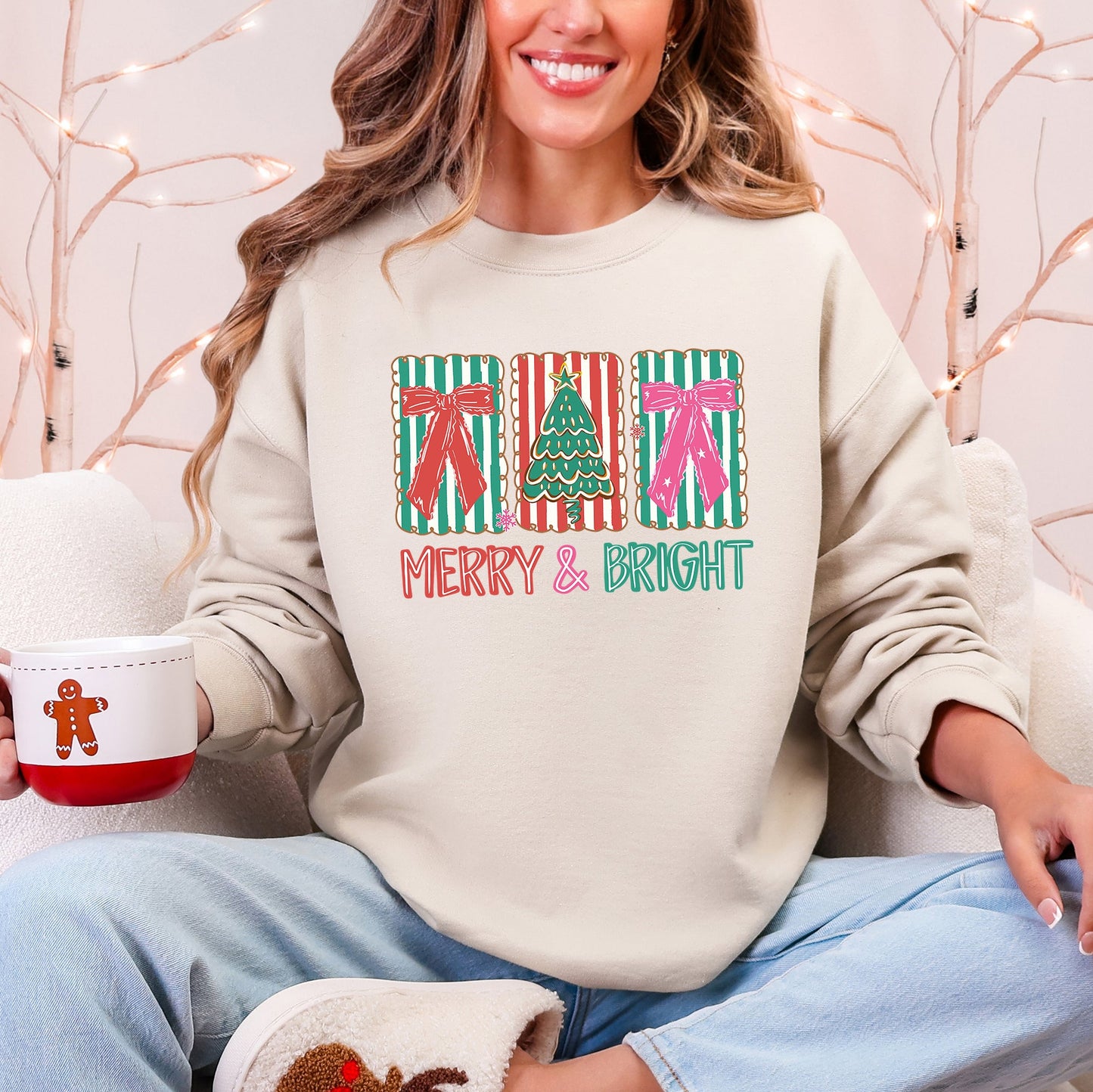 Merry And Bright Pattern Blocks Christmas Tree Ribbon Bows Santa Holiday Sweatshirt