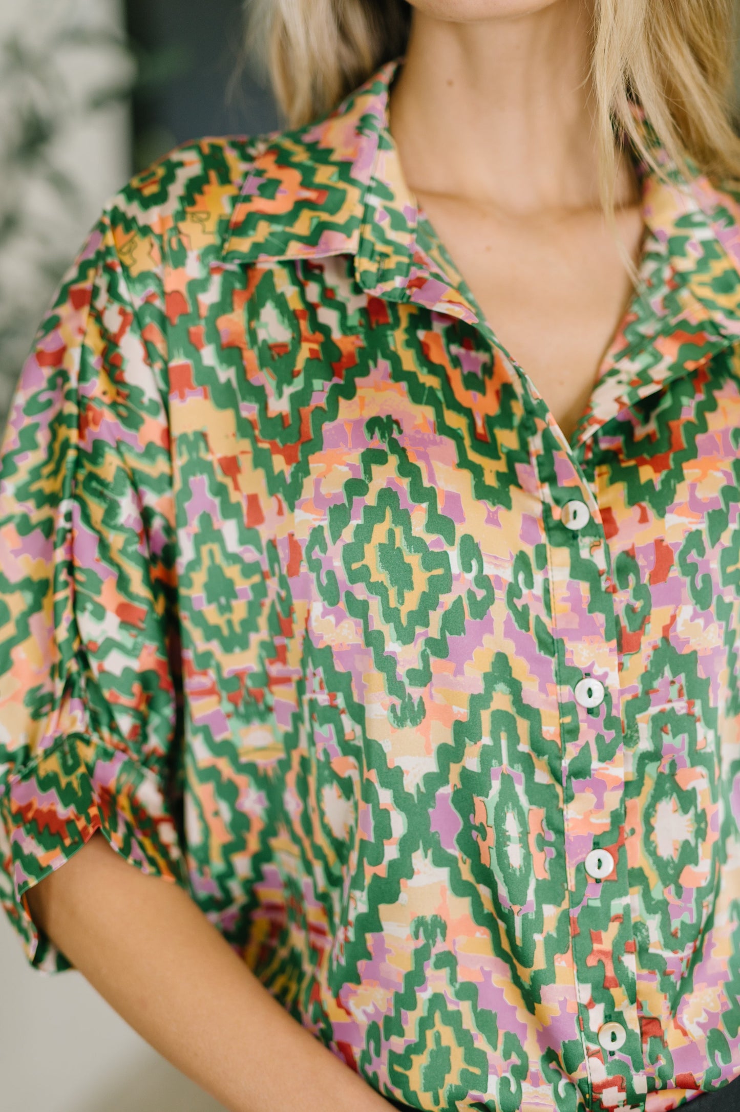 Optical Illusion Button Up Blouse