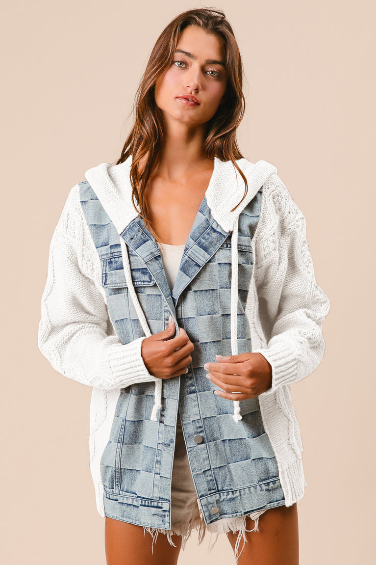 Bibi Washed Checker Denim Sweater Hooded Jacket