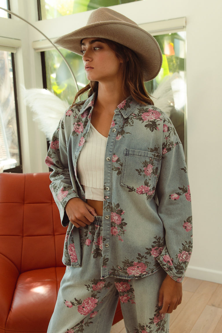 Bibi Flower Printed Denim Button Up Shirt Plus Size