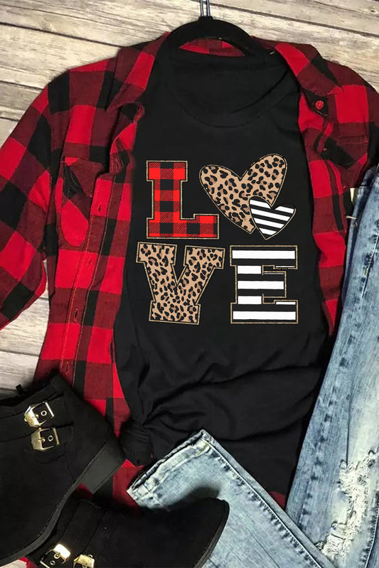 LOVE Heart Plaid Striped Leopard Print Graphic T Shirt - Black