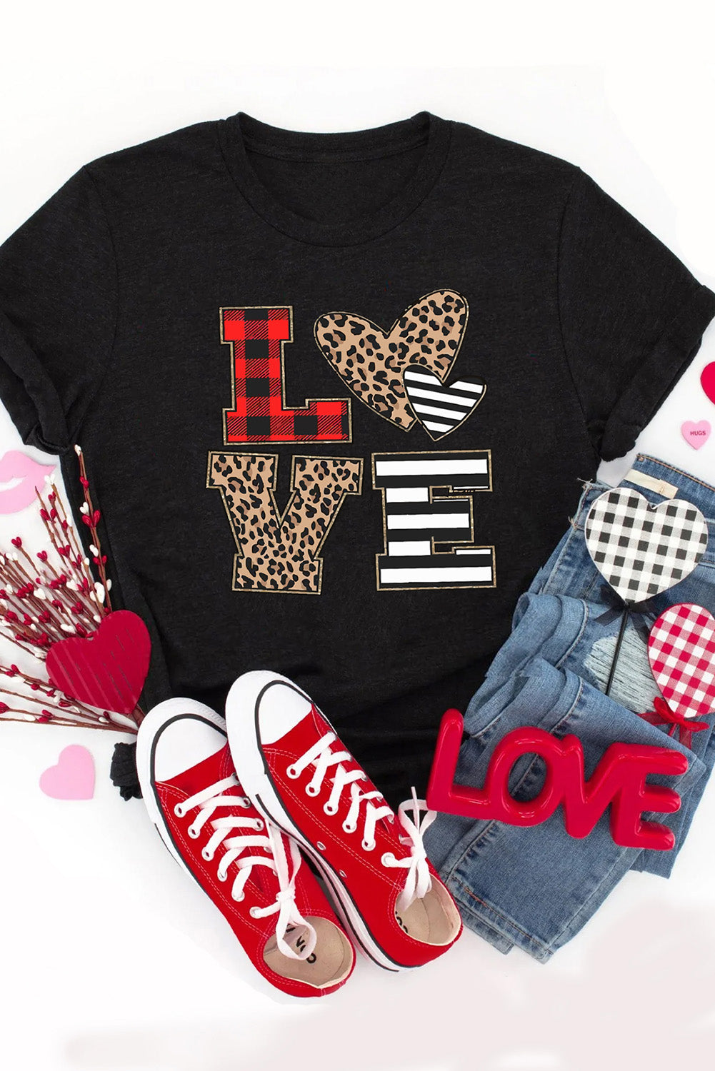 LOVE Heart Plaid Striped Leopard Print Graphic T Shirt - Black