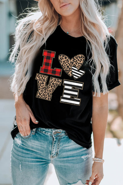 LOVE Heart Plaid Striped Leopard Print Graphic T Shirt - Black