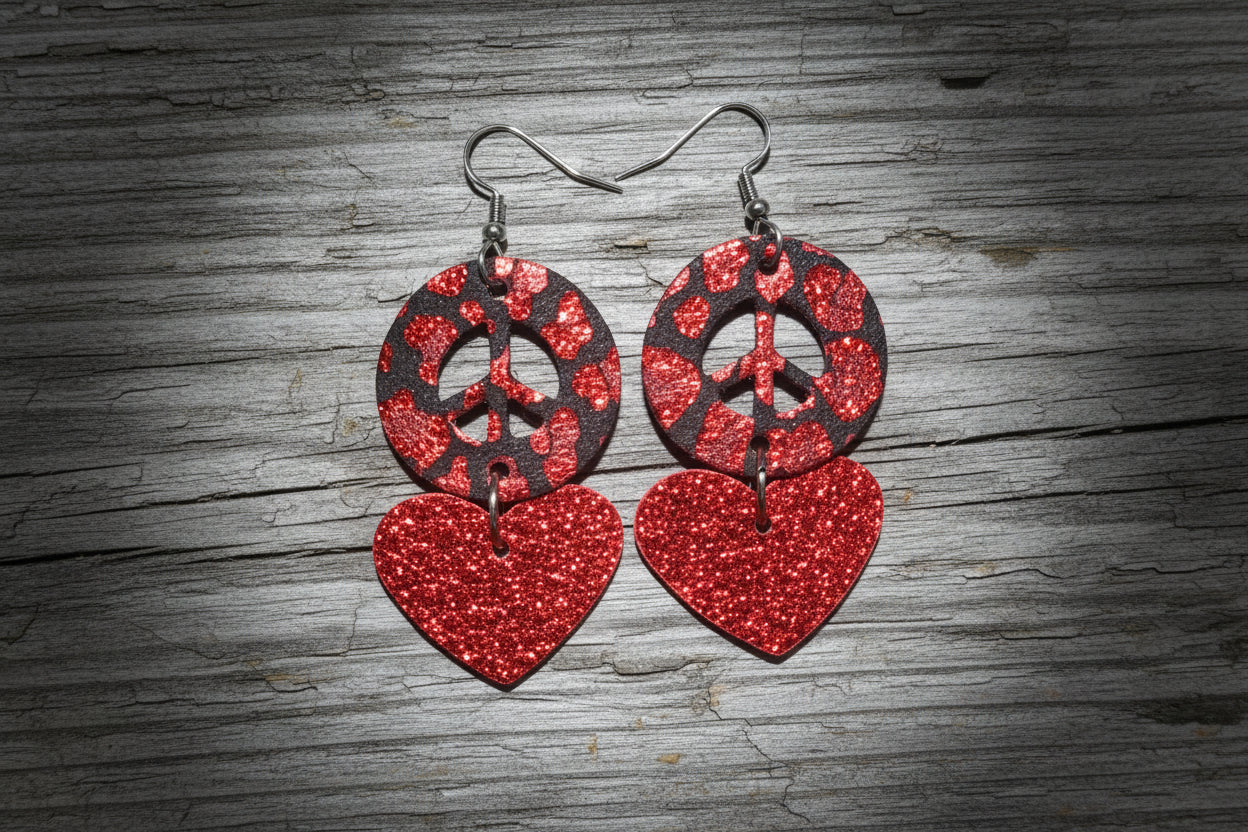 Peace sign and heart-shaped earrings