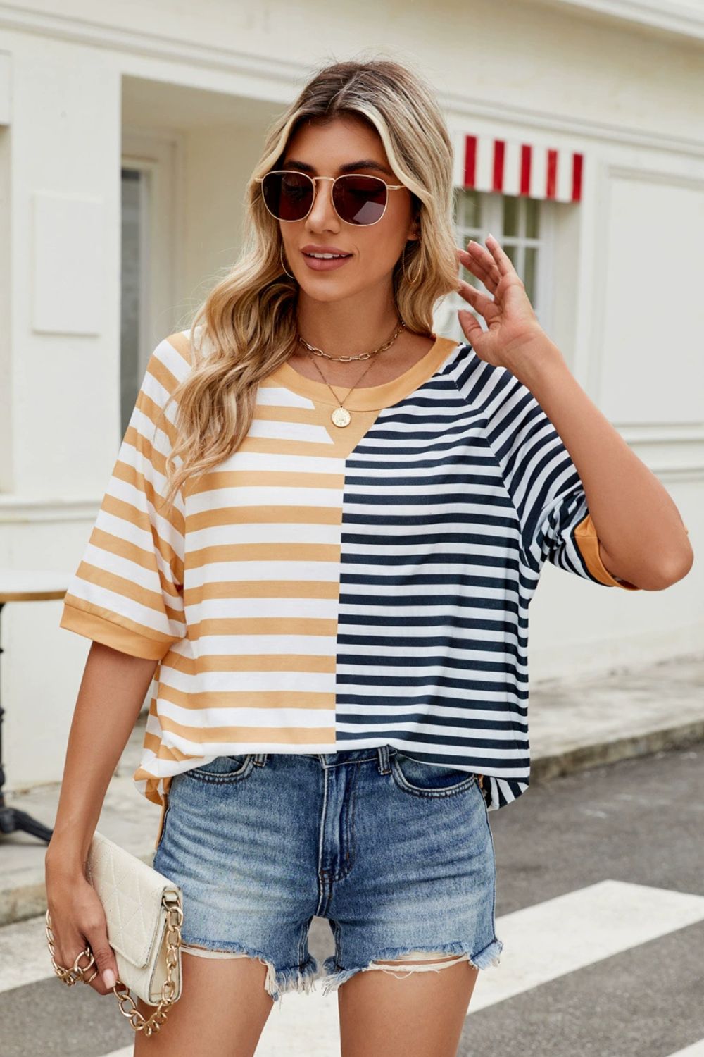 Nat Striped Round Neck Half Sleeve T-Shirt