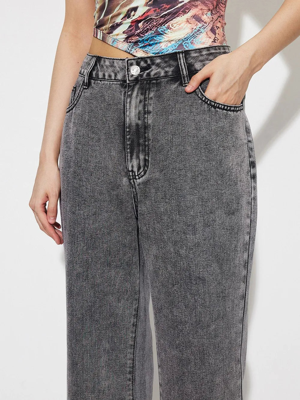 High Waist Mineral Wash Bootcut Jeans with Pockets