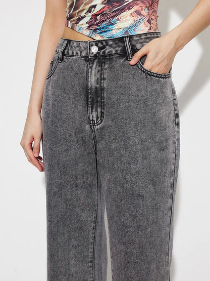 High Waist Mineral Wash Bootcut Jeans with Pockets