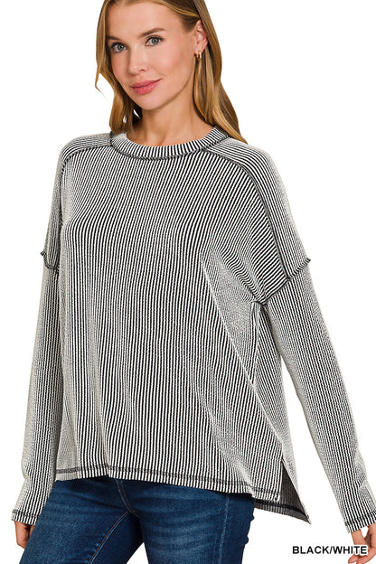 Zenana Full Size Exposed Seam Long Sleeve Corded Rib Knit Top