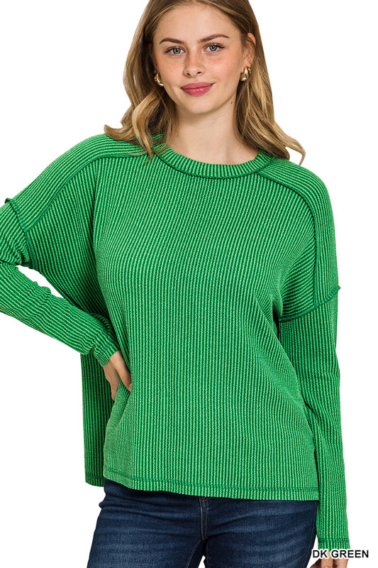 Zenana Full Size Exposed Seam Long Sleeve Corded Rib Knit Top