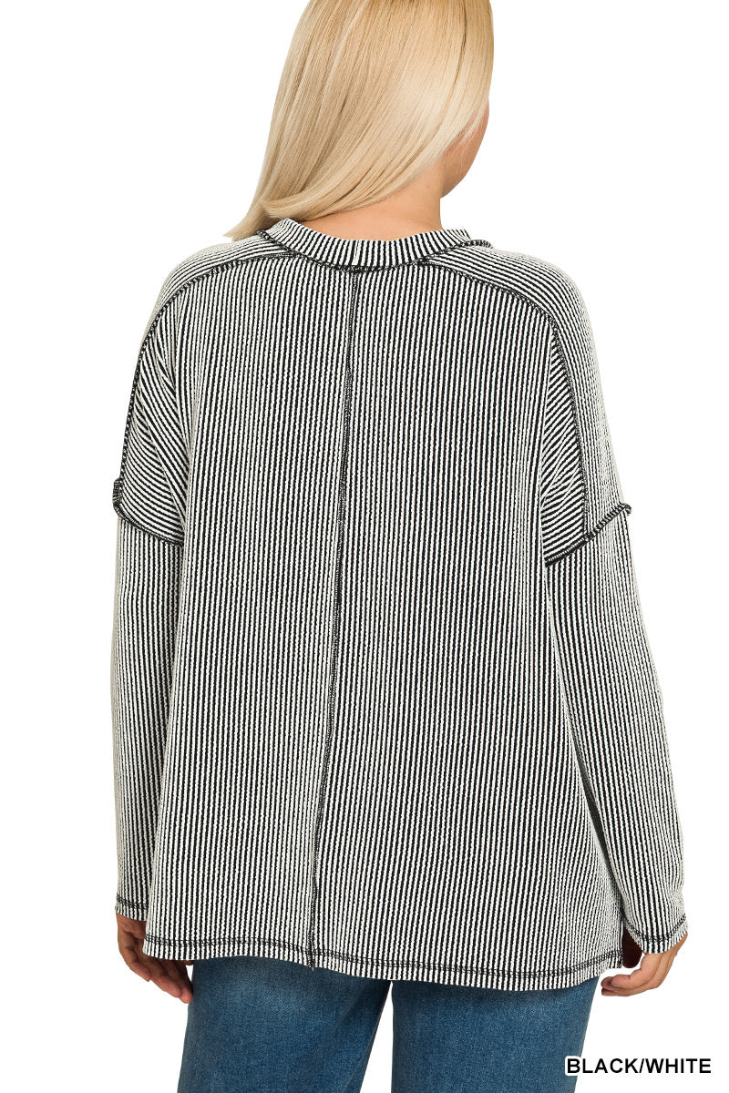 Zenana Full Size Exposed Seam Long Sleeve Corded Rib Knit Top