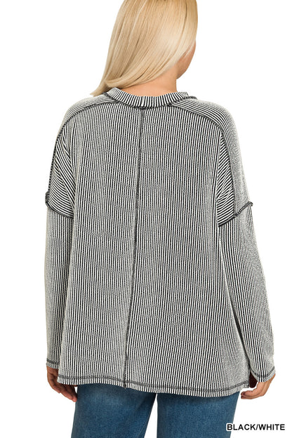 Zenana Full Size Exposed Seam Long Sleeve Corded Rib Knit Top