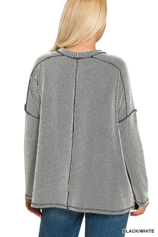Zenana Full Size Exposed Seam Long Sleeve Corded Rib Knit Top