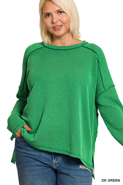 Zenana Full Size Exposed Seam Long Sleeve Corded Rib Knit Top