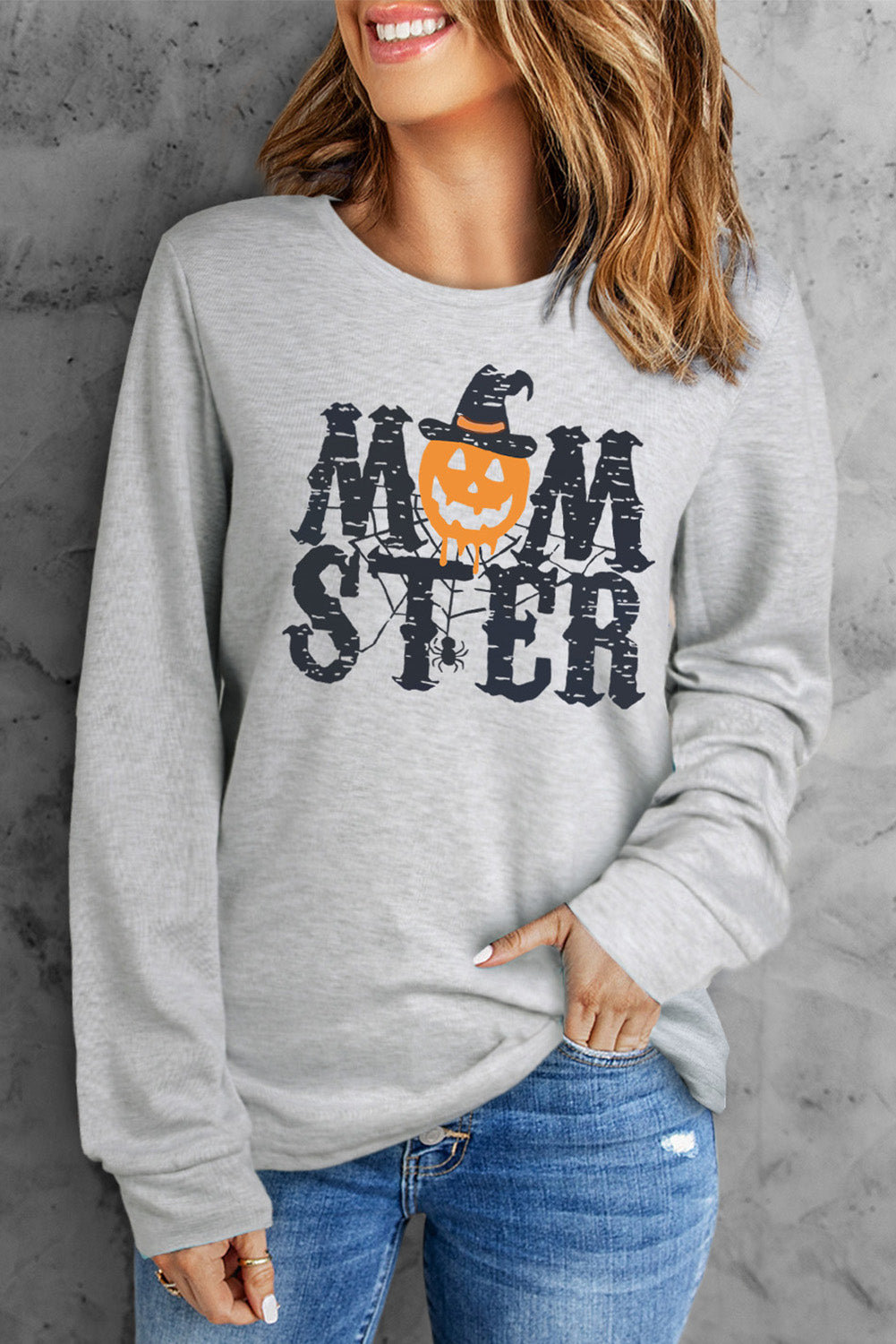 Round Neck Long Sleeve MOMSTER Graphic Sweatshirt Halloween