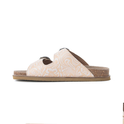 Myra Desert Lily Embossed Leather Sandals in Antique White