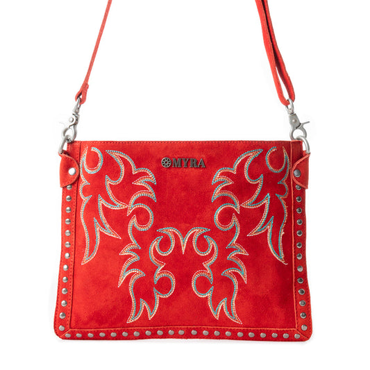 Myra Texas Rose Embroidered Leather Sling Bag for Women Suede Finish with Silver Studded Detail