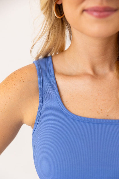 Bella Square Neck Rib Knit Tank Top, Blue