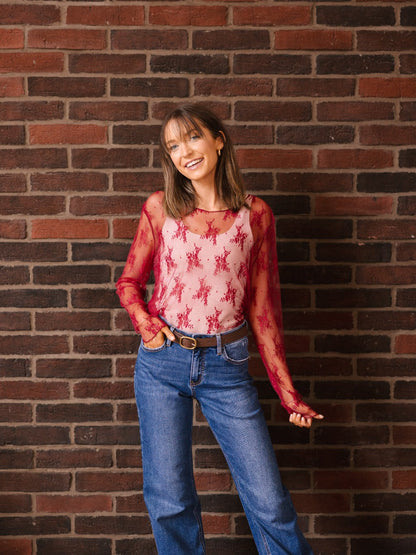Lace Long-sleeve Top, Red