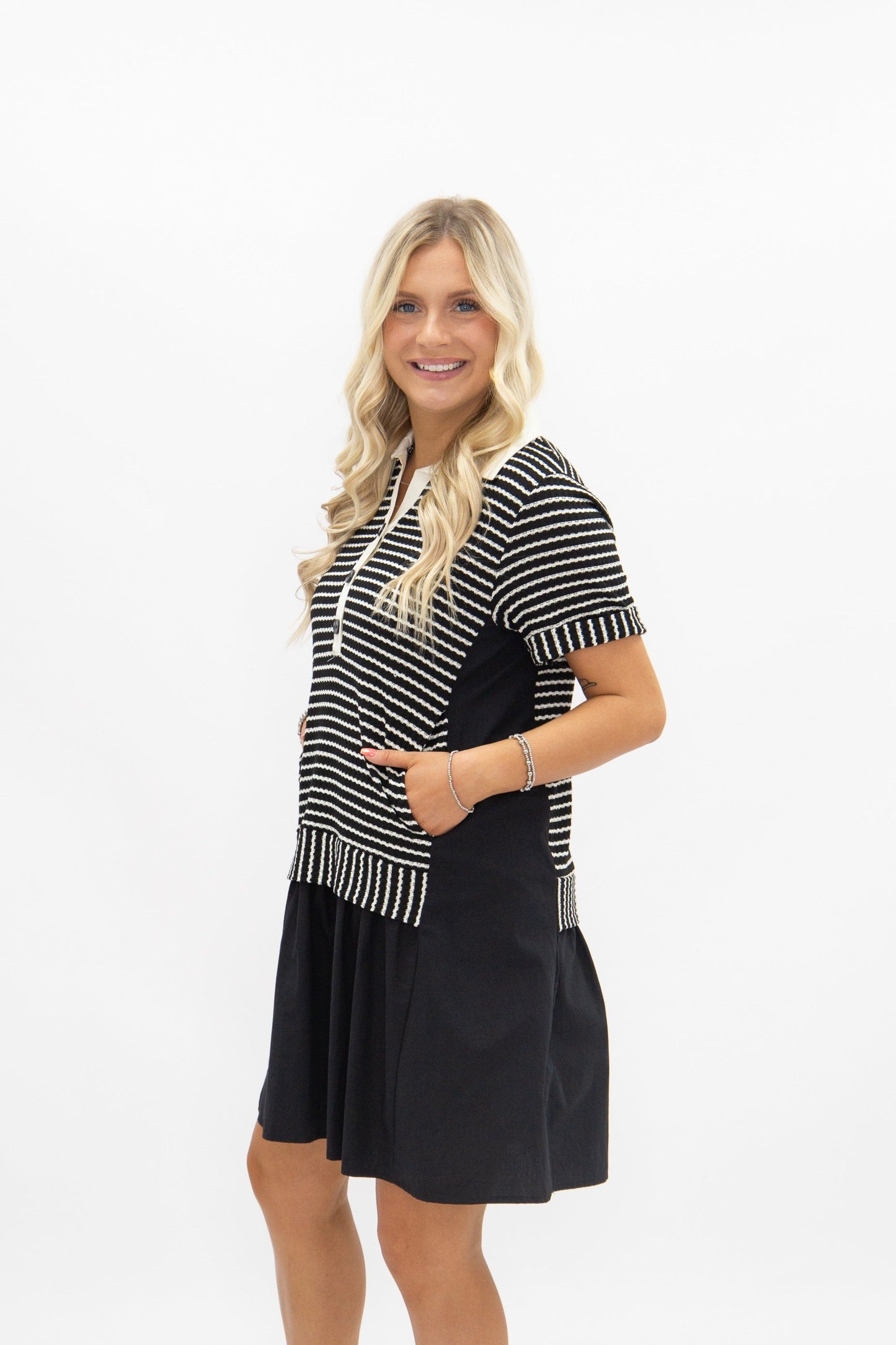 Striped Knit Top with Attached Skirt, Black