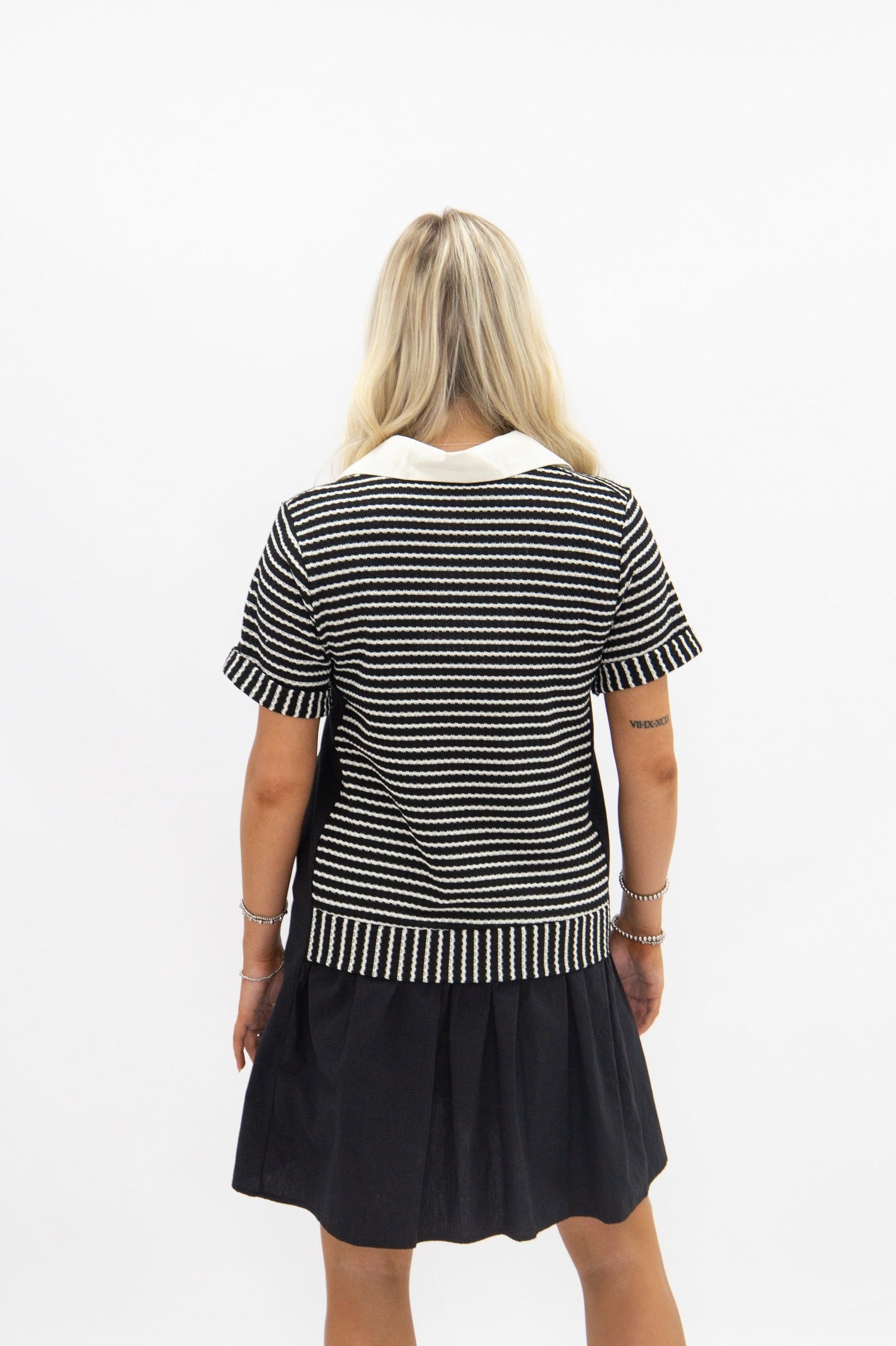 Striped Knit Top with Attached Skirt, Black