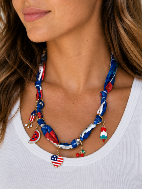 Scarf Necklace with Patriotic Charms