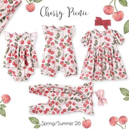 Cherry Picnic Flutter Sleeve Bamboo Skirted Bodysuit