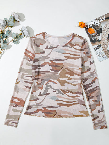 Camouflage Print Mesh Long Sleeve Top