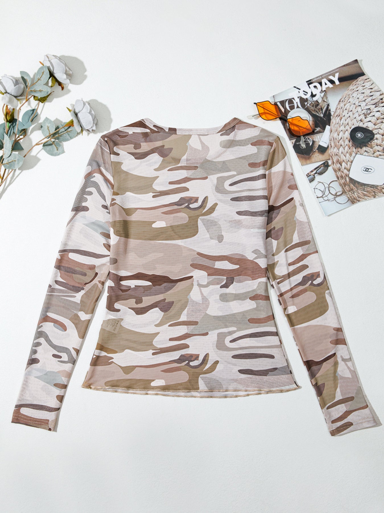 Camouflage Print Mesh Long Sleeve Top