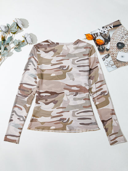Camouflage Print Mesh Long Sleeve Top