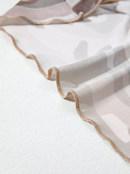 Camouflage Print Mesh Long Sleeve Top