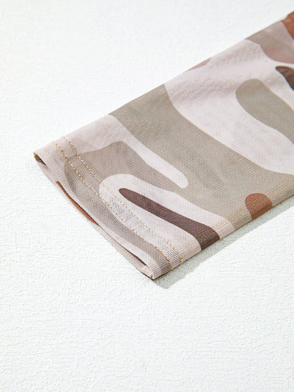 Camouflage Print Mesh Long Sleeve Top