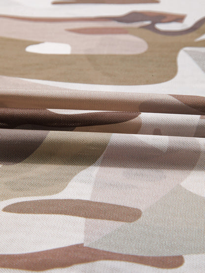 Camouflage Print Mesh Long Sleeve Top