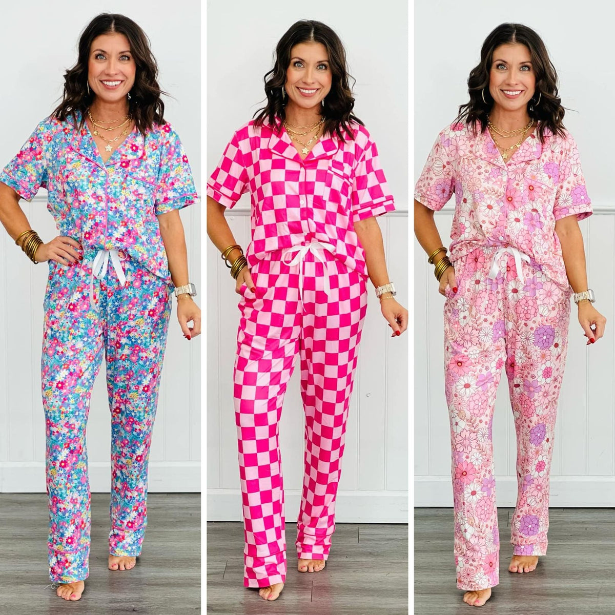 Button Front Pajama Pant Set in Three Prints