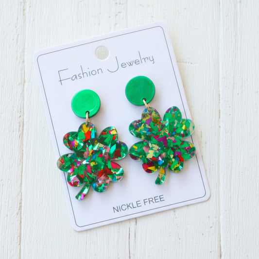 St. Patrick's Day Green Acrylic Bling Bling Glitter Clover Earrings