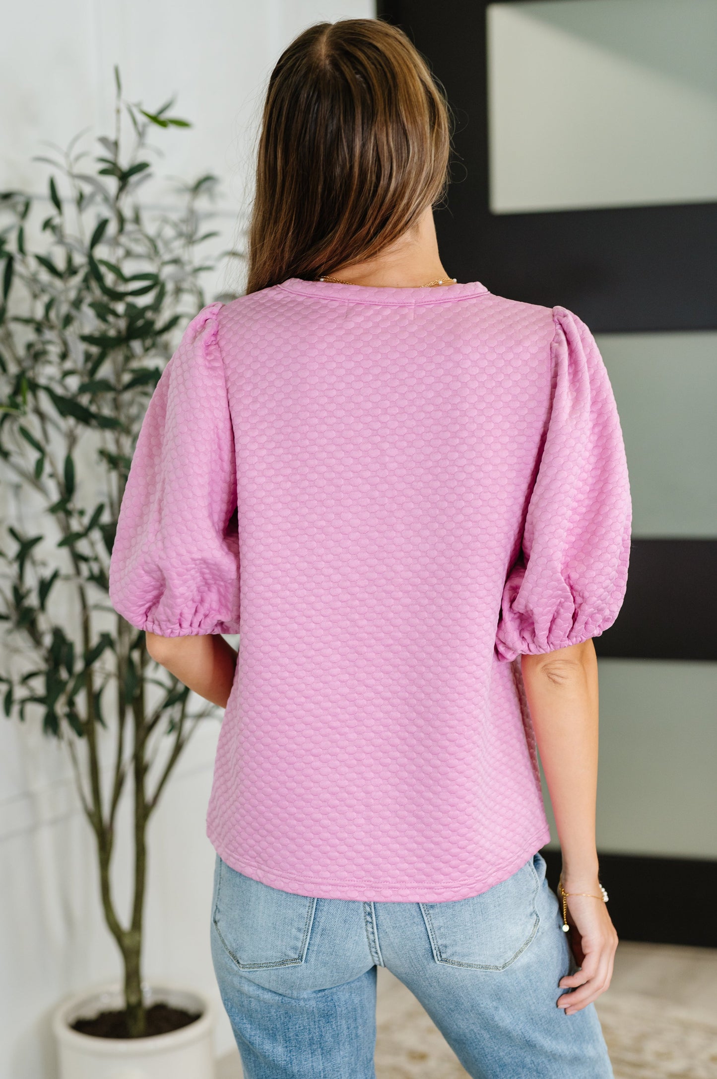 Textured Balloon Sleeve Blouse in Pink