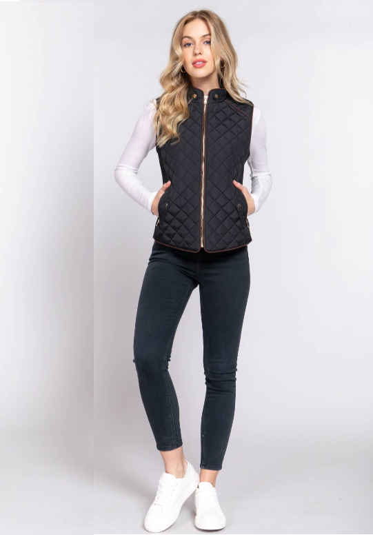 Ginny Full Size Suede Piping Detail Rib Quilted Padding Vest