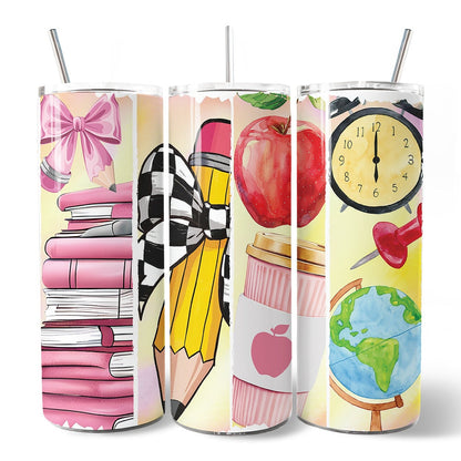 Coquette Pink Teacher 20oz Personalized Tumbler With Lid and Stainless Steel Straw, Retro School Brushstrokes Gift Cup