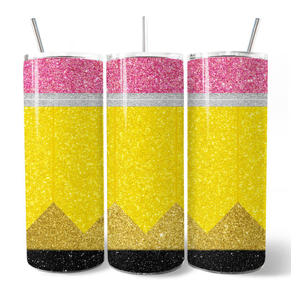 Glitter Pencil Design 20oz Personalized Tumbler With Lid and Stainless Steel Straw, School Teacher Gift Cup