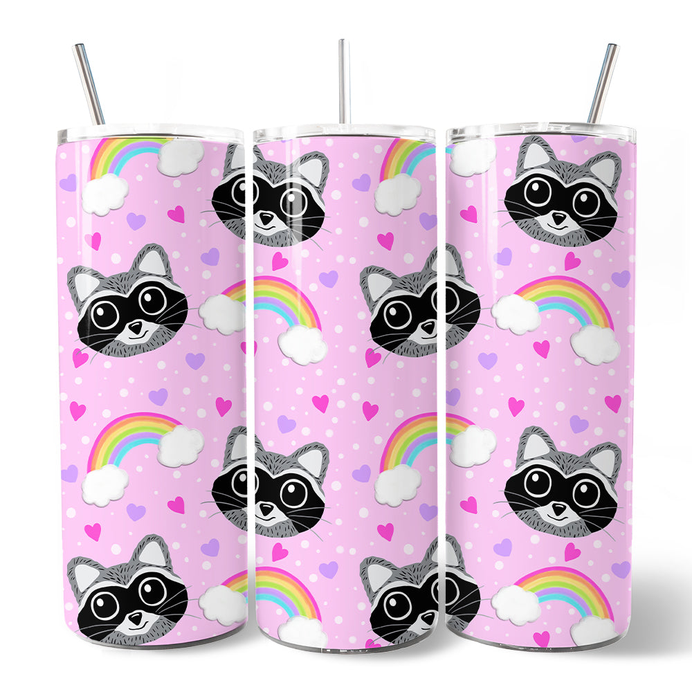 Pink Raccoon Rainbow Pattern 20oz Personalized Tumbler With Lid and Stainless Steel Straw, Colorful Woodland Animal Gift Cup