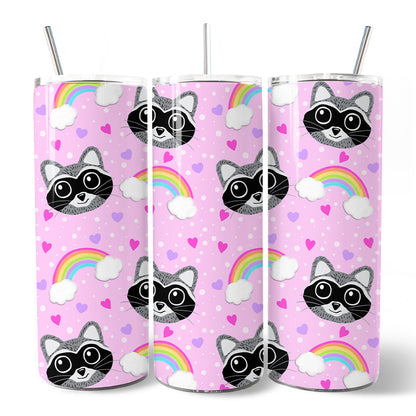 Pink Raccoon Rainbow Pattern 20oz Personalized Tumbler With Lid and Stainless Steel Straw, Colorful Woodland Animal Gift Cup