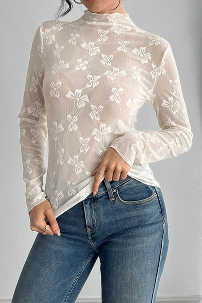 Bow Print Mock Neck Mesh Long Sleeve T-Shirt