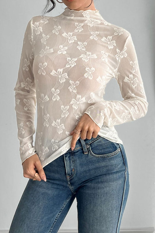 Bow Print Mock Neck Mesh Long Sleeve T-Shirt