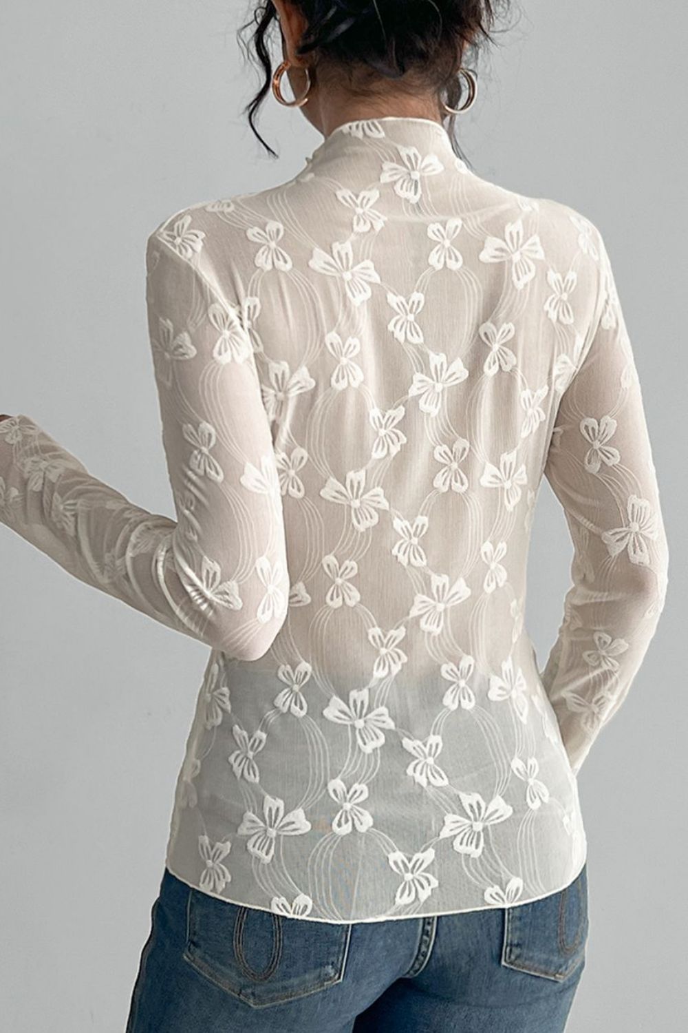 Bow Print Mock Neck Mesh Long Sleeve T-Shirt