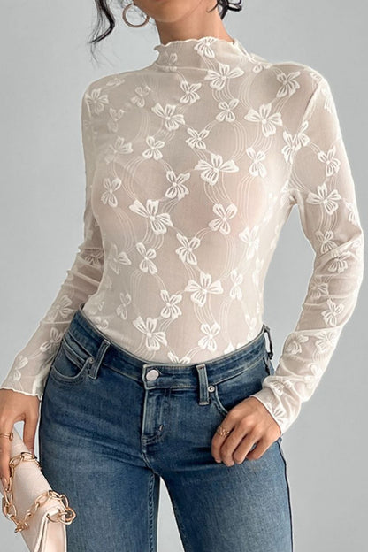Bow Print Mock Neck Mesh Long Sleeve T-Shirt