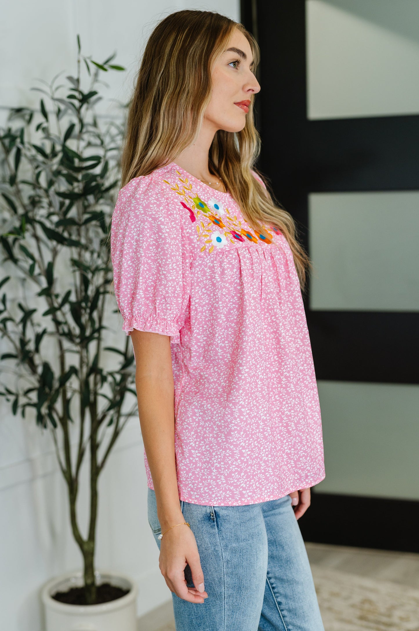 Wander Bloom Embroidered Puff Sleeve Blouse in Pink