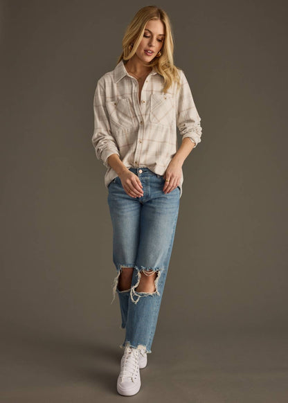 Light Tan, Brown & Gray Plaid Button Up Top